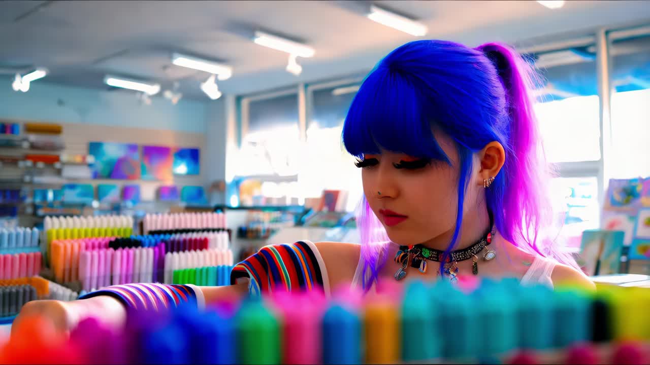 mujer joven comprando suministros de arte