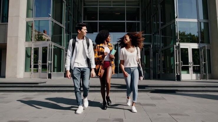 Mangfoldig gruppe studenter som går og snakker på et universitetscampus