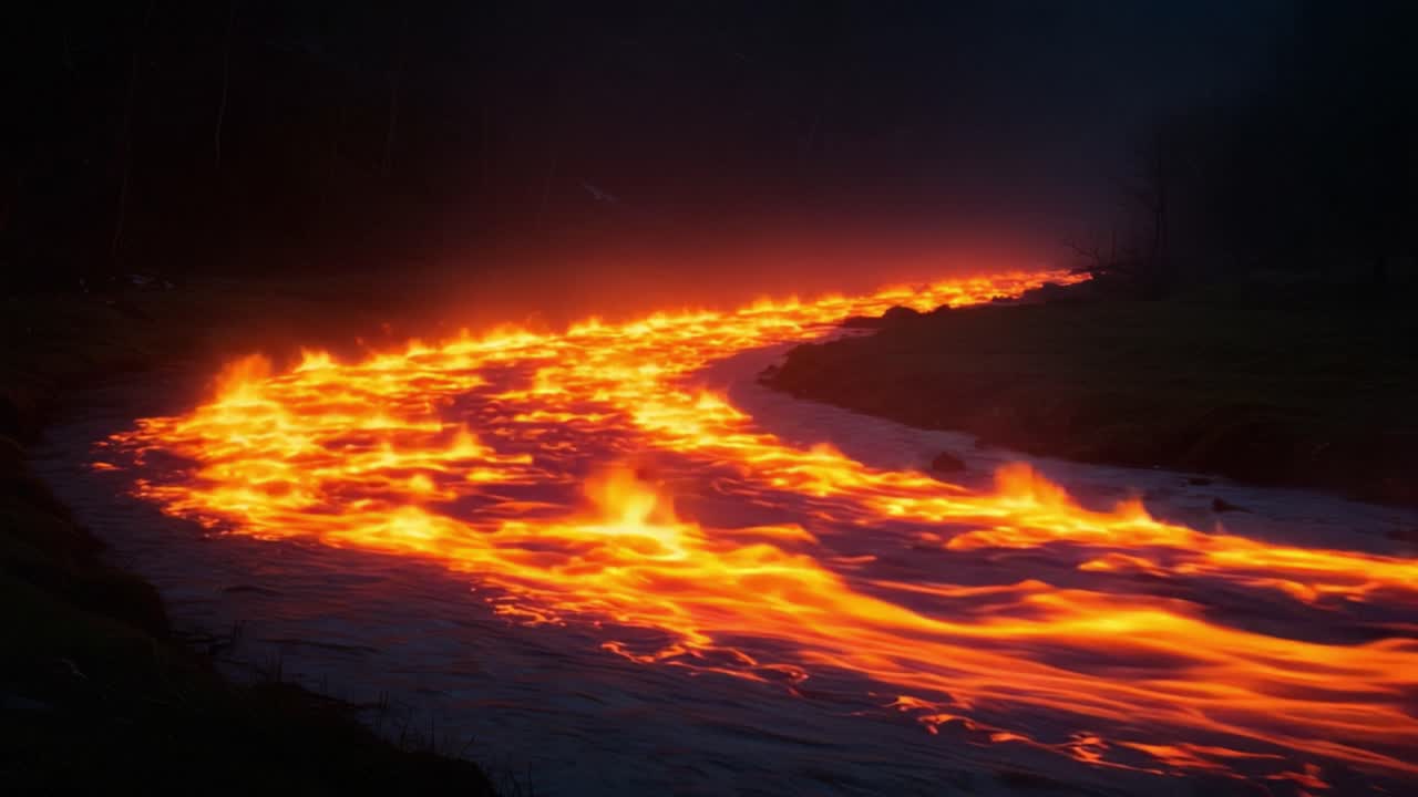A Captivating Flow of Molten Lava Illuminating the Night, Creating a Stunning Display of Fiery Colors Against the Stillness of Nature's Landscape