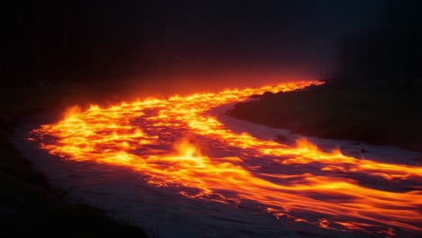 a captivating flow of molten lava illuminating the night, creating a stunning display of fiery colors against the stillness of nature's landscape