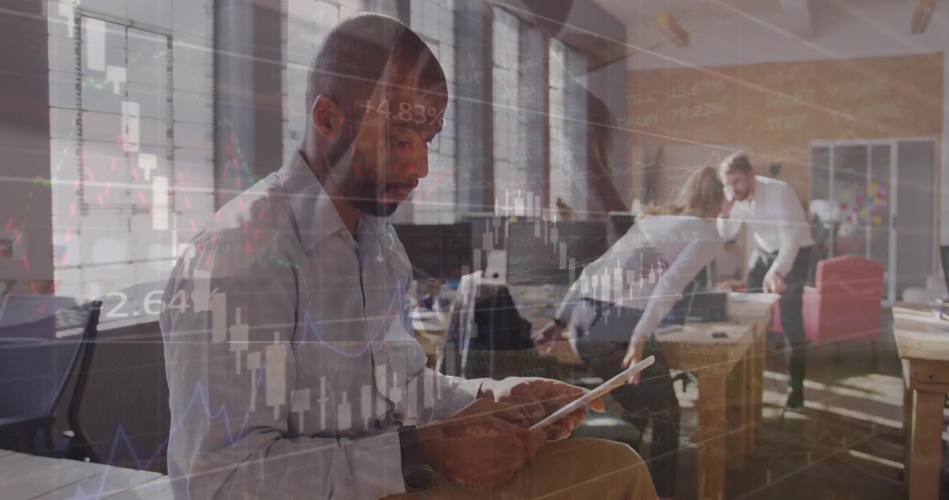 Animation of statistics and data processing over diverse business people