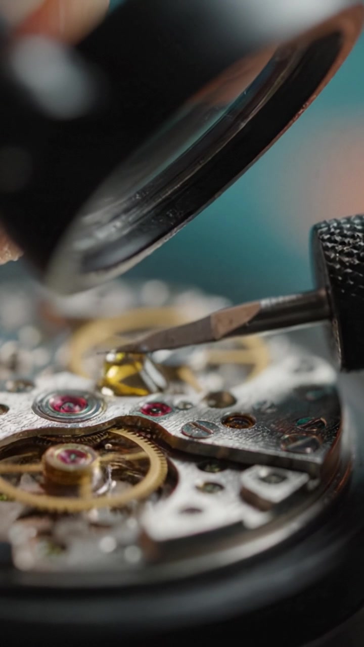 Intricate Mechanics of a Timepiece: Detailed Examination of a Watch Movement with Magnification, Highlighting Gears, Jewels, and Craftsmanship in Motion.