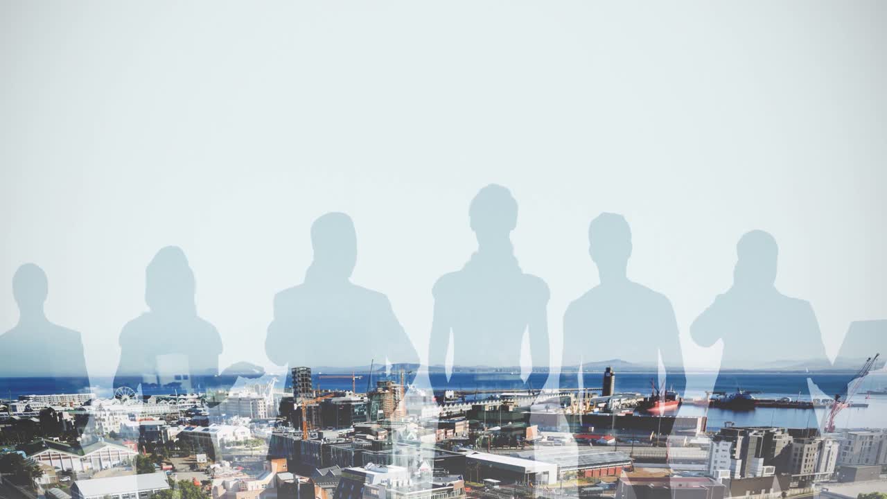 Animation of people's blue silhouettes over cityscape and seashore