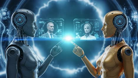 a futuristic interaction: two advanced robots engaging in communication via holographic displays in a technologically enhanced environment
