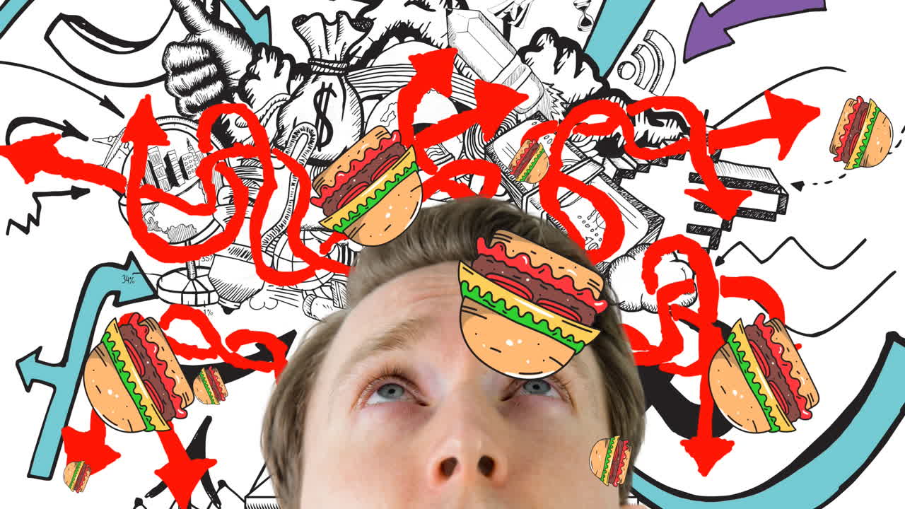 햄버거와 비즈니스 아이콘 위에 백인 남자와  ⁇ 은 화살표의 애니메이션