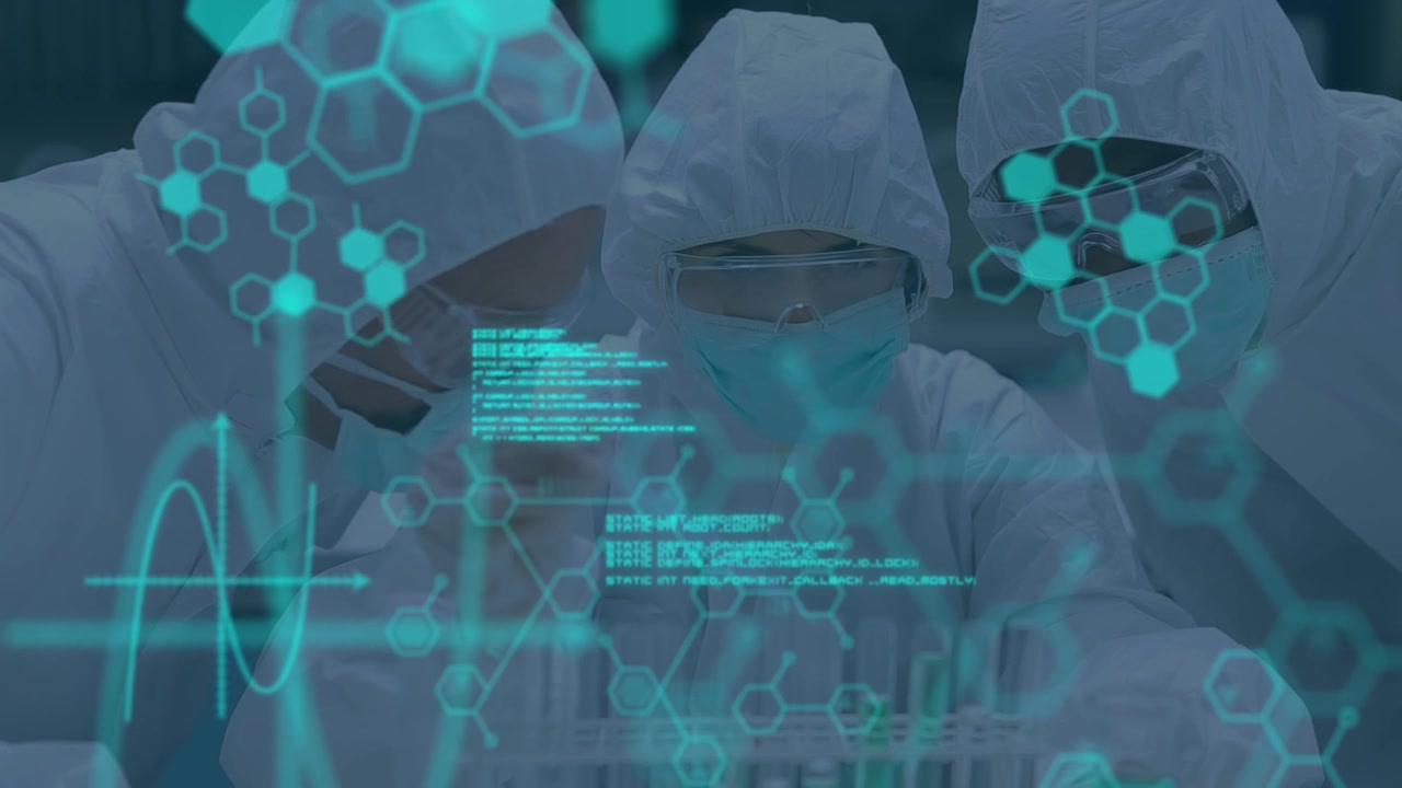 Animation of molecules and data processing over diverse scientists in lab
