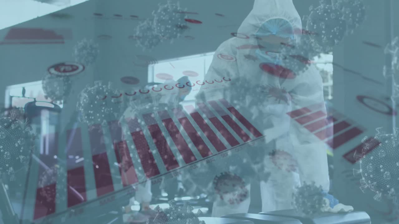 데이터 처리 및 바이러스 세포의 애니메이션 다양한 사람들이 사무실을 소독합니다.