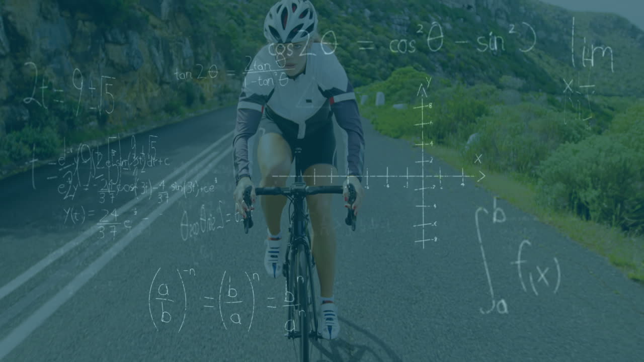 Mathematical equations and diagrams against woman cycling on the road