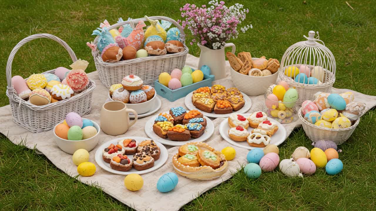 An Abundance of Colorful Easter Treats and Decorations Perfectly Arranged for a Joyful Celebration on a Sunny Day Surrounded by Nature's Beauty