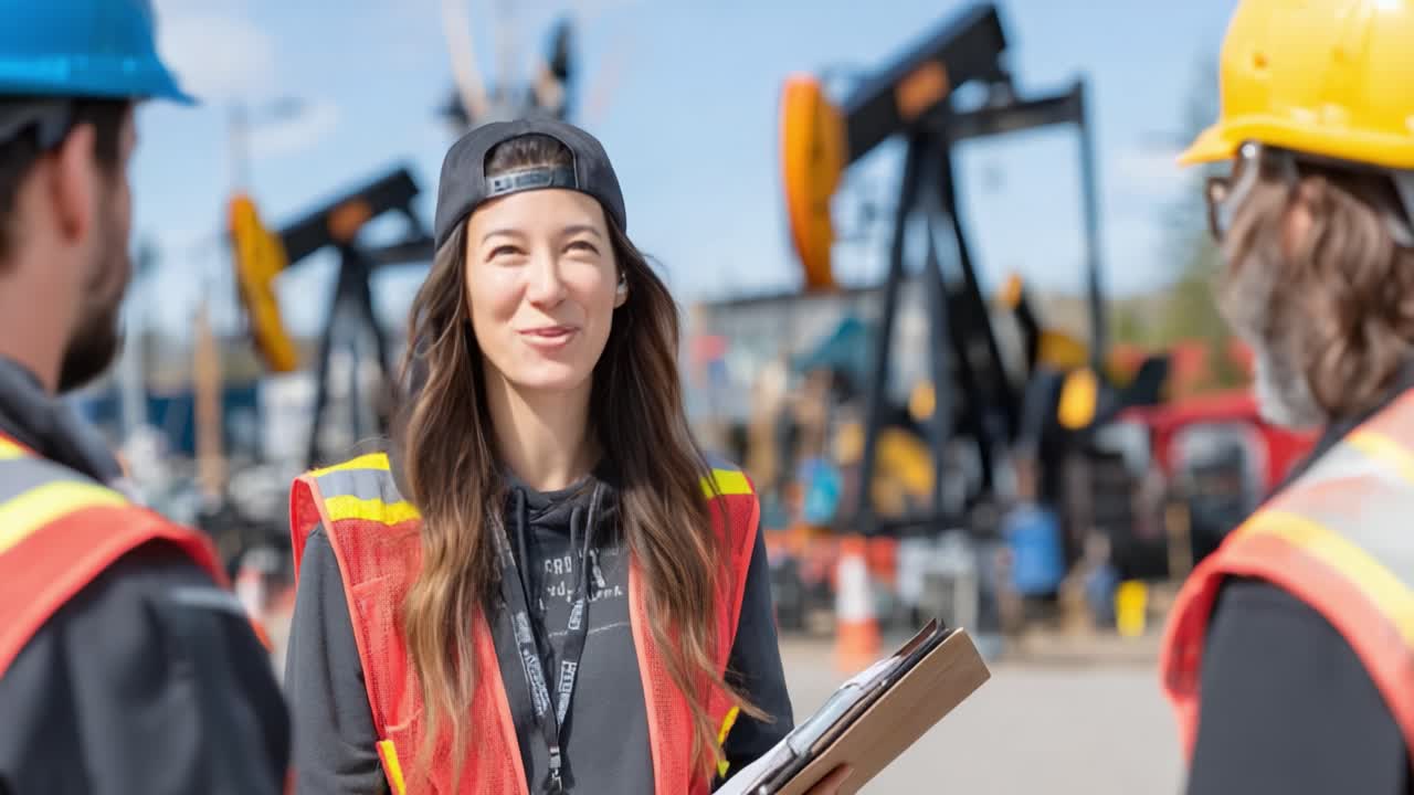 A Dynamic Interaction Between Colleagues at an Oil Field: A Joyful Moment of Team Collaboration and Leadership Amidst Machinery and Equipment