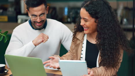 Tablet,-laptop-and-happy-people-collaboration