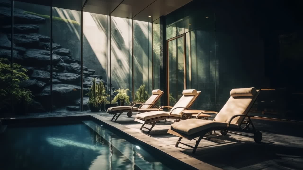 Luxurious Indoor Pool Area with Lounge Chairs and Natural Light