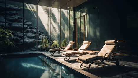 luxurious indoor pool area with lounge chairs and natural light