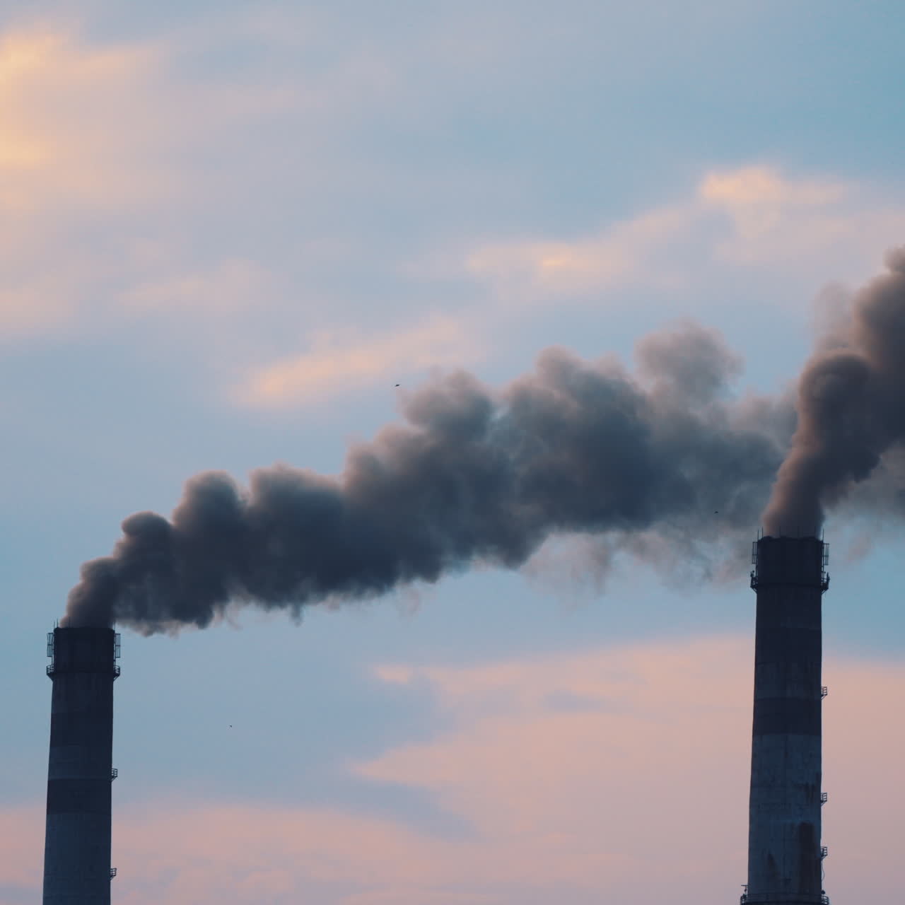 Two pipes with thick dirty smoke filling the air. Large pipes with dark fumes is poured from the factory pipes on the evening sky. Pollution of the environment.