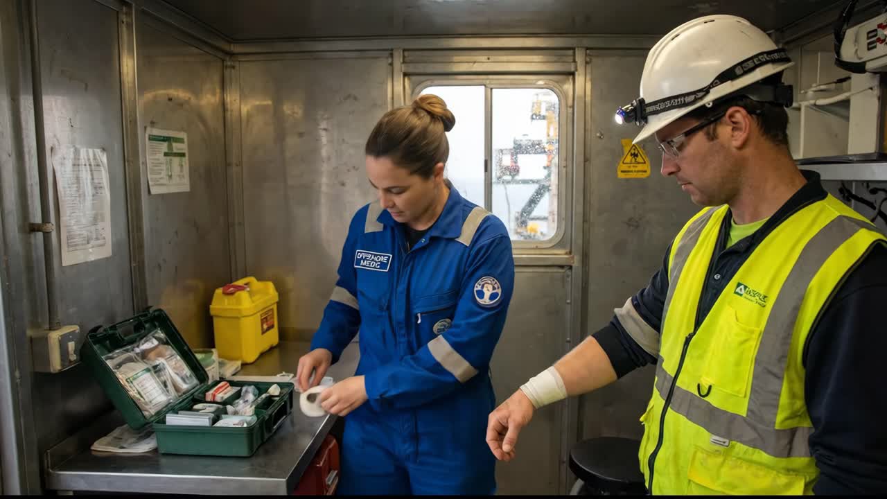 Offshore Medic Bandaging a Worker's Arm in an Industrial Setting