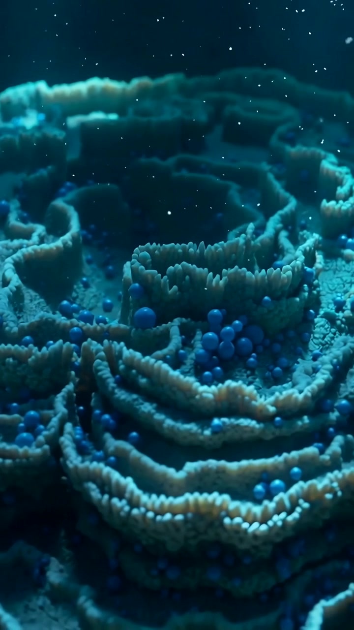 Vertical video: Moving camera showing ridges in deep sea to show depth, with blue spheres