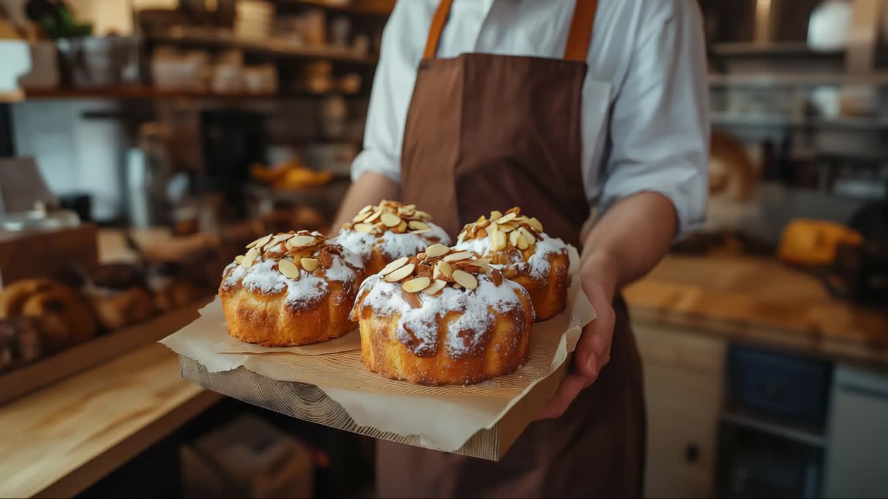 Baker in brown apron showcases beautifully decorated pastries with almonds, presenting them on a wooden platter in a warm, inviting bakery atmosphere