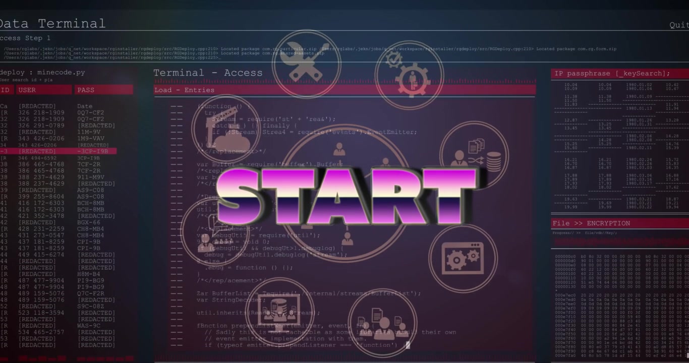 Animasjon av starttekst og databehandling på svart bakgrunn
