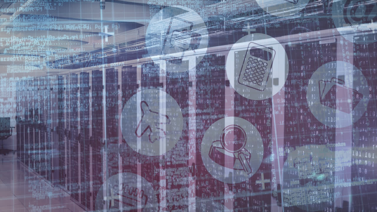 animación de iconos tecnológicos con datos e información sobre una sala de servidores vacía