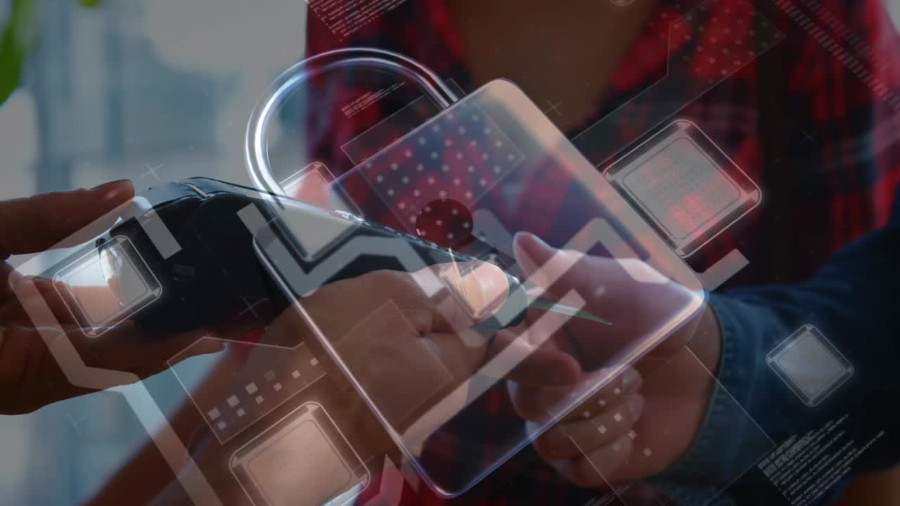 animación del candado de seguridad de la red sobre las personas que utilizan el terminal de pago