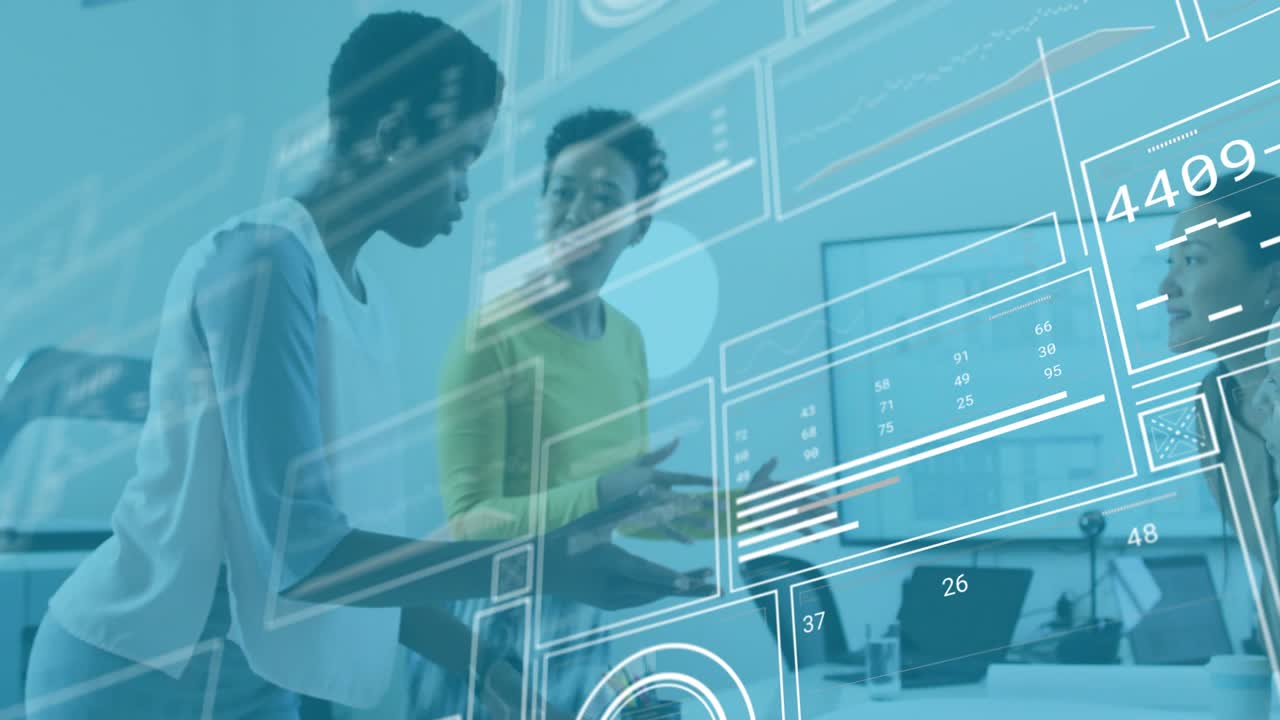 Animating data overlay for business presentation with two colleagues pointing at printed plans