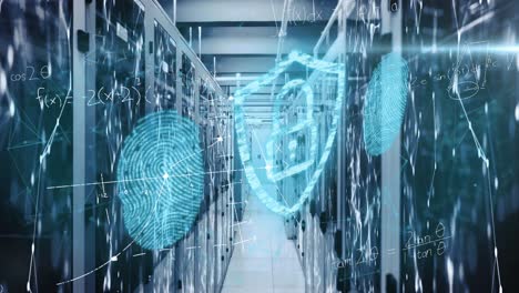 animation of fingerprint, padlock, mathematical equations, connected dots over server room