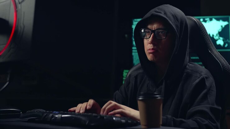 Hacker maschio asiatico che usa il computer per hackerare e si mostra contrariato