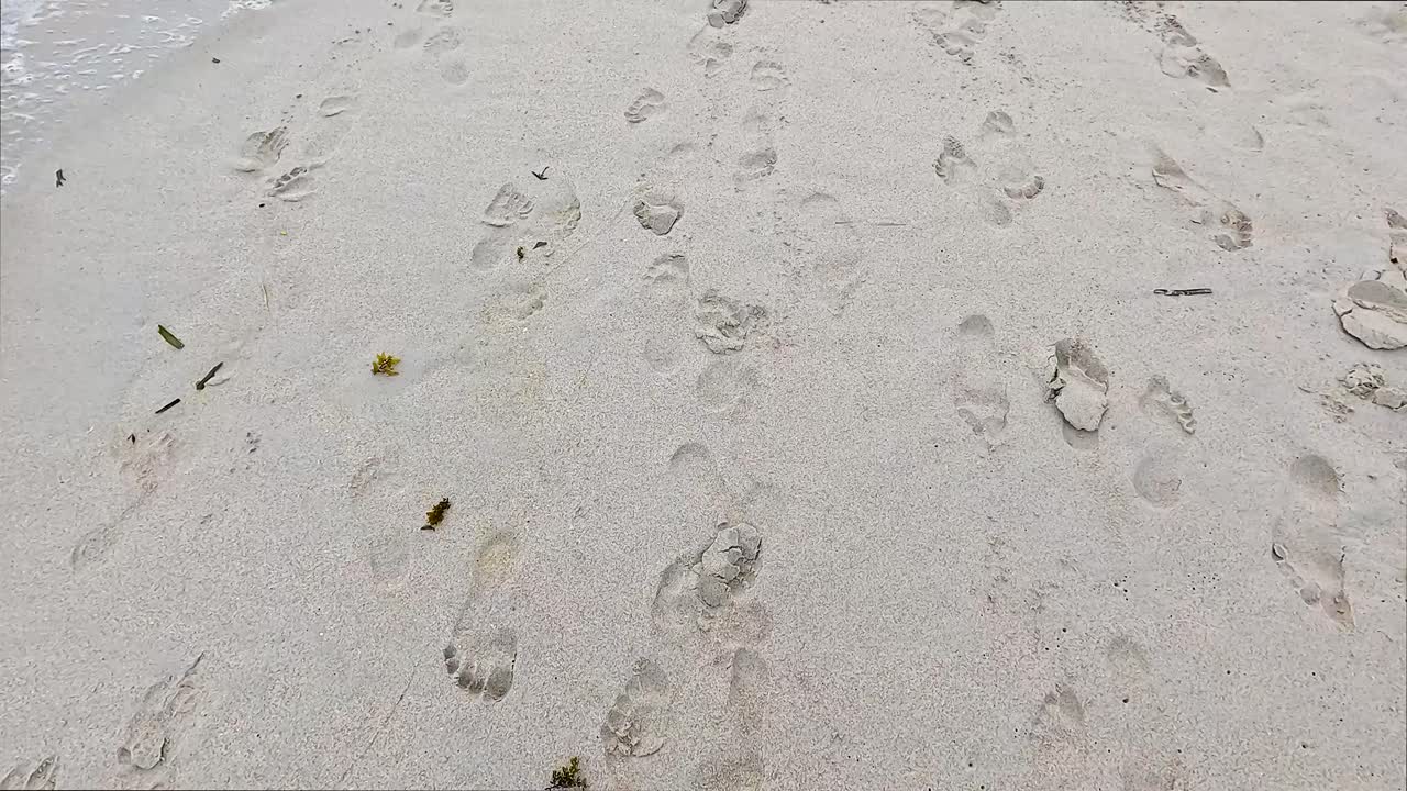 Impronte e onde su una spiaggia sabbiosa