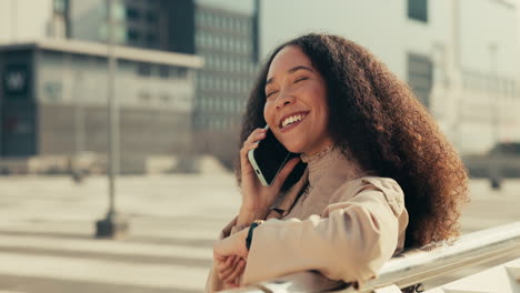 Phone-call,-happy-and-businesswoman-sitting