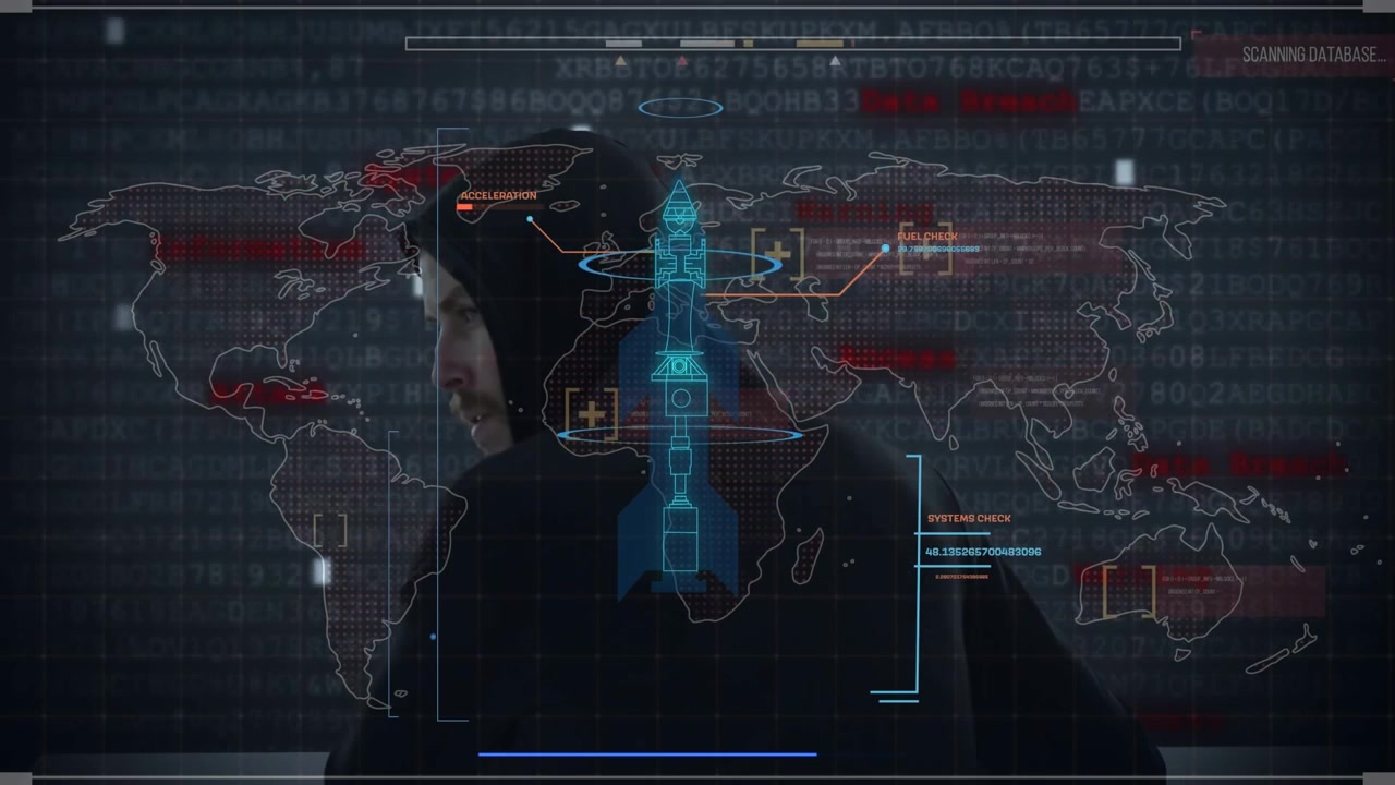 Animation of data processing and world map over caucasian male hacker