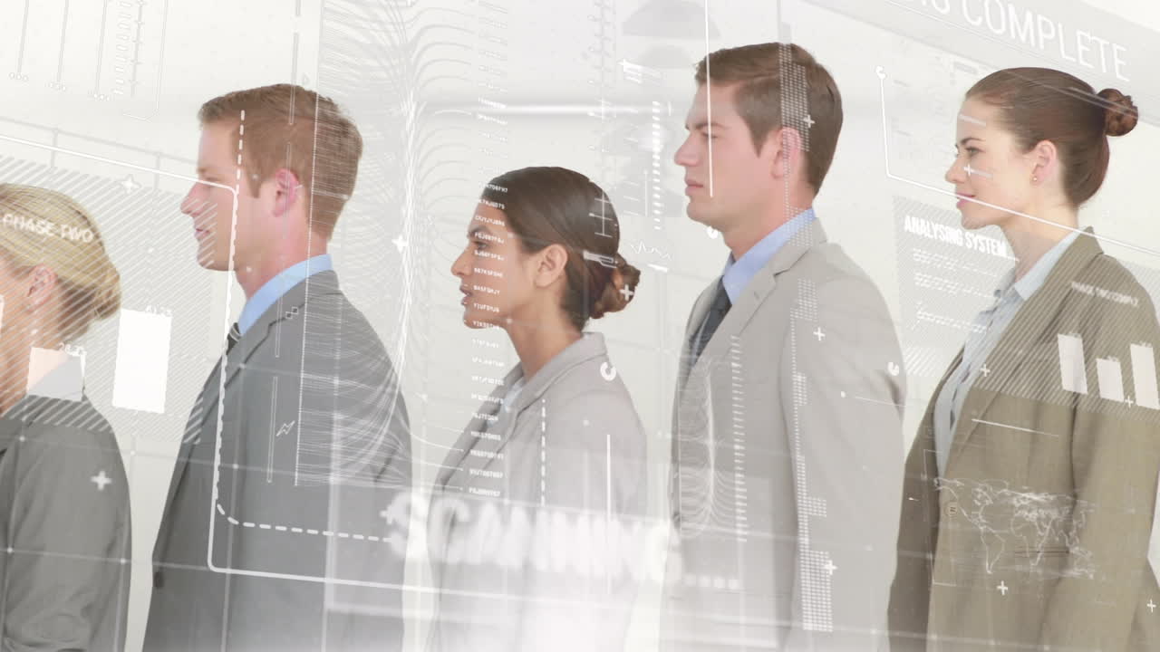 animación de estadísticas y procesamiento de datos financieros sobre diversos empresarios en fila