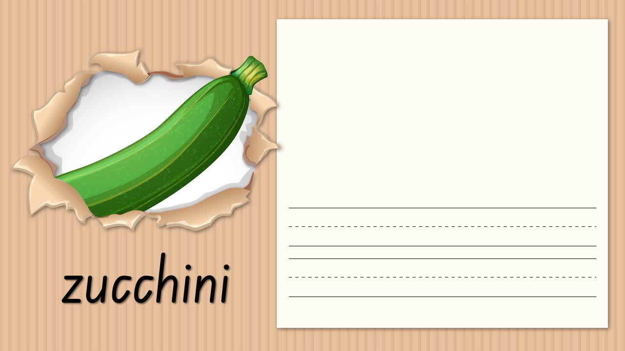 Video educativo animato che insegna la lettera Z usando un'illustrazione di una zucchina e linee per la pratica della scrittura a mano.
