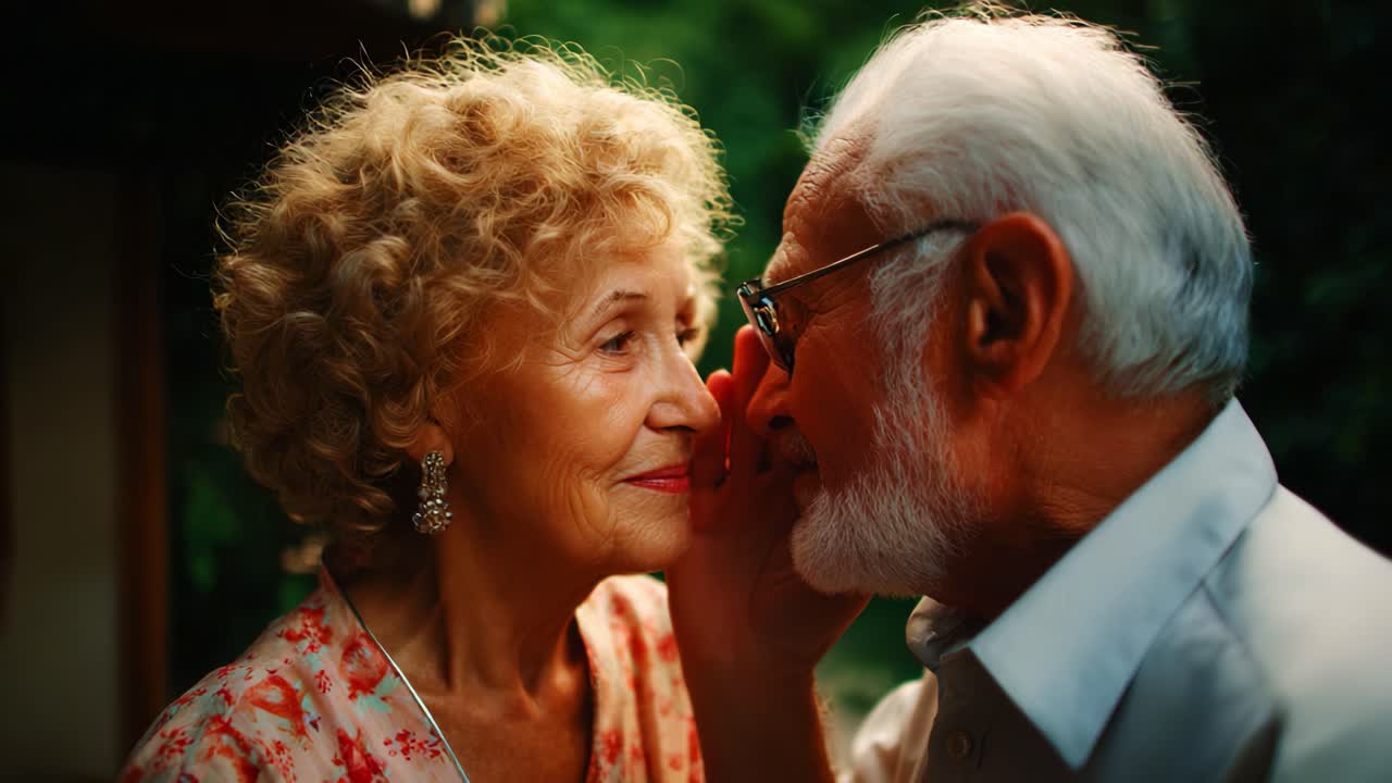 Un tenero momento catturato tra due anziani innamorati che si scambiano un sussurro, irradiando intimità, amore e nostalgia mentre sono impegnati in una conversazione calorosa, piena di affetto e ricordi condivisi, sullo sfondo di un paesaggio lussureggiante e sereno