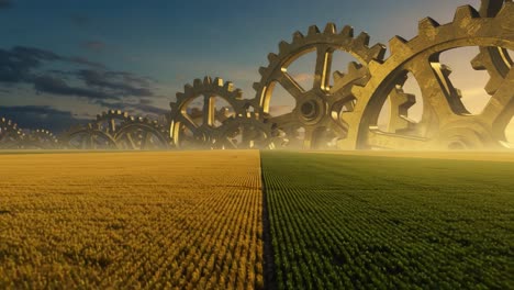 A Dual Perspective on Nature and Mechanism: Gears Overlapping Abundant Fields Illustrate the Interplay Between Agriculture and Industry at Dusk