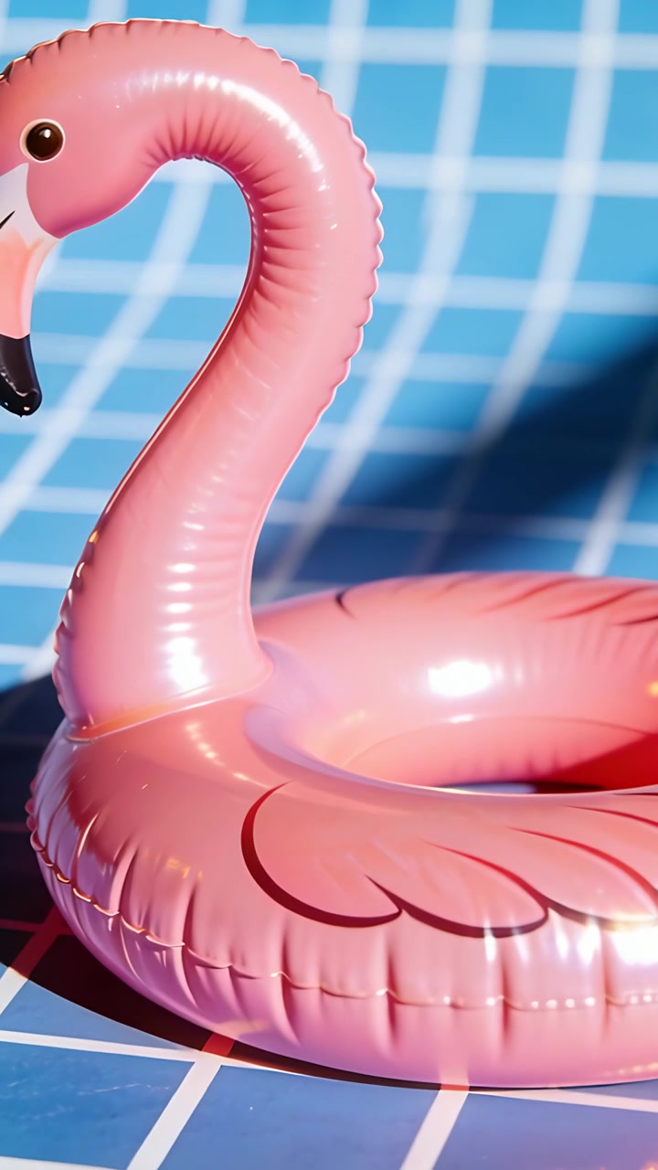 Vídeo vertical: Câmera em movimento e luz se deslocando revelando boia de flamingo rosa em azulejos azuis.