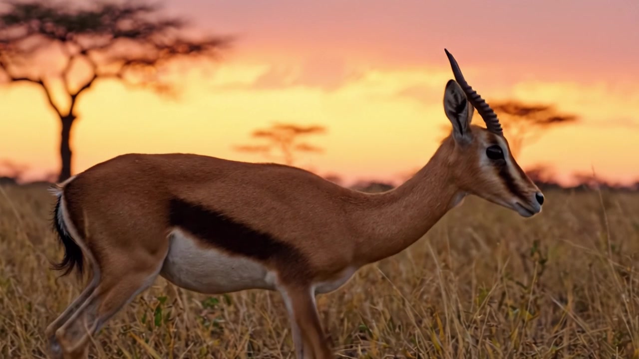 Silhouette di una maestosa gazzella al tramonto: un incontro mozzafiato con la graziosa bellezza della natura nel sereno paesaggio della savana africana