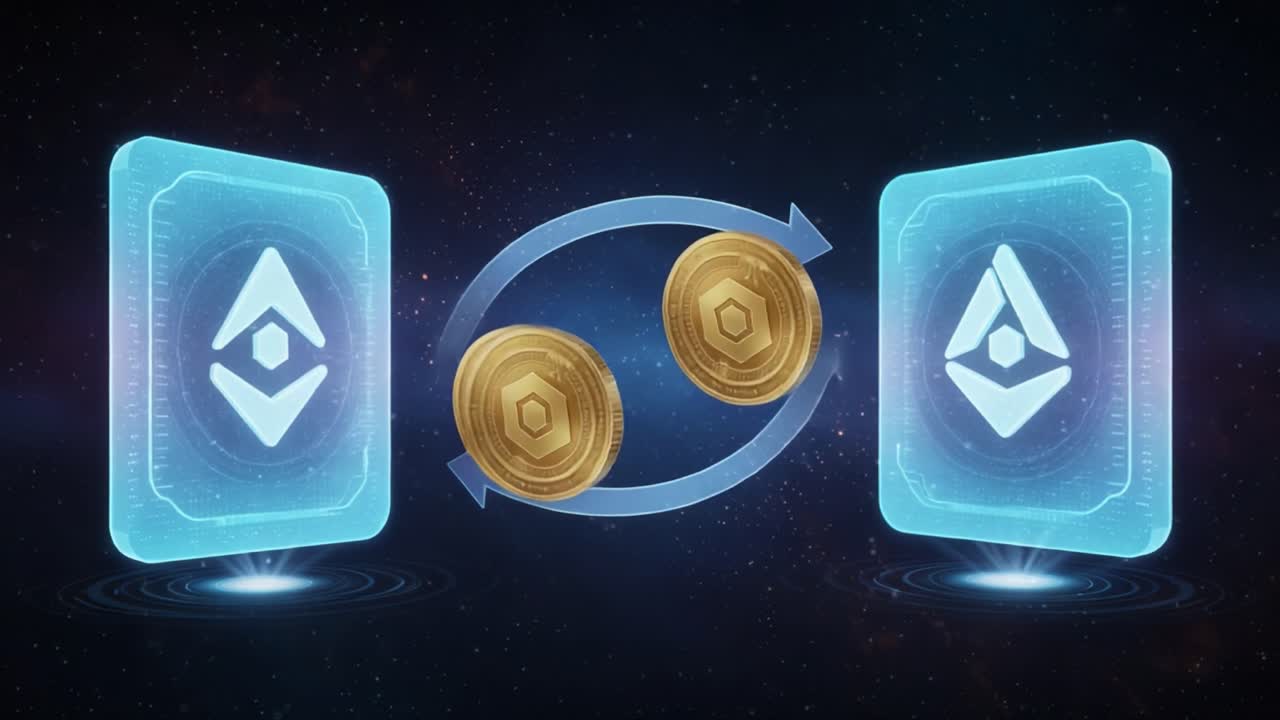 Digital Currency Exchange: A Visual Representation of Cryptocurrency Transactions with Holographic Cards and Coins in a Cosmic Background