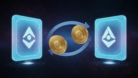 digital currency exchange: a visual representation of cryptocurrency transactions with holographic cards and coins in a cosmic background