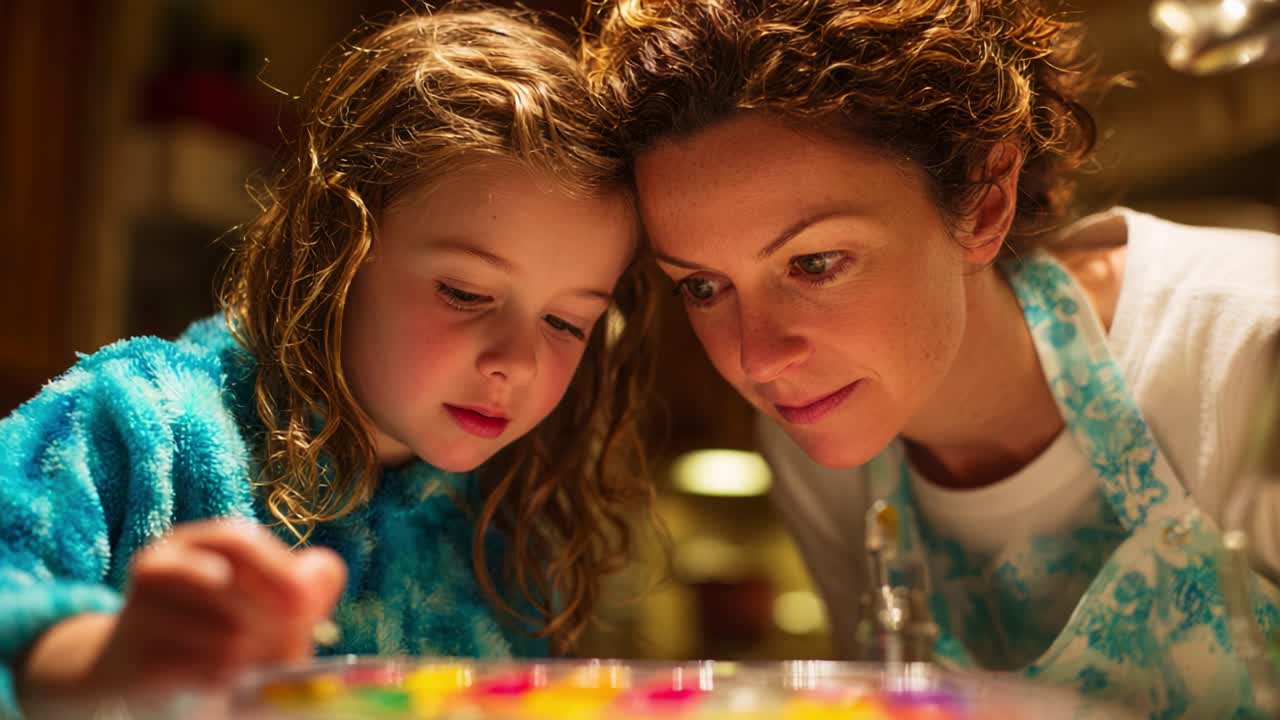 A Heartwarming Moment of Creativity: A Young Girl and Her Mother Explore Colorful Art Supplies Together in a Cozy Indoor Environment, Creating Lasting Memories