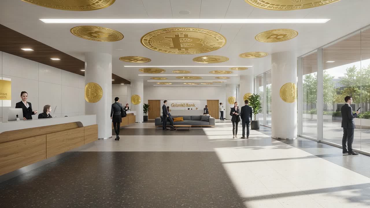 Modern Banking Interior Featuring Cryptocurrency Designs and Professional Interactions in a Bright, Open Environment