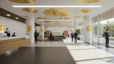 modern banking interior featuring cryptocurrency designs and professional interactions in a bright, open environment