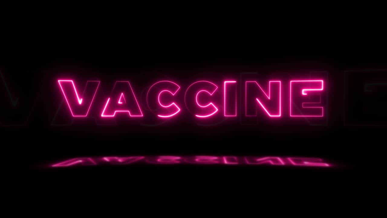 la palabra "vacuna" en neón brillando sobre un fondo negro con reflejos en el suelo. logos de neón brillantes en gráfico de movimiento de bucle sin costuras