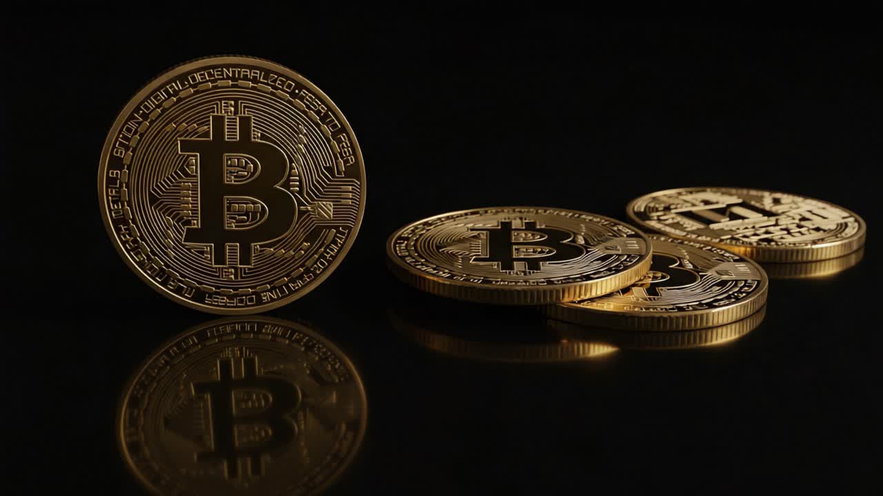 A Stunning Visual of Bitcoin Cryptocurrency Coins Displayed on a Reflective Surface Highlighting Their Design and Intricacies in the Digital Currency Realm