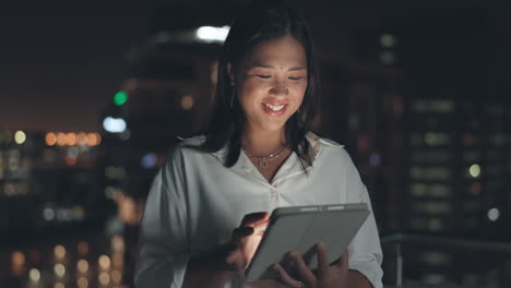 Asian-woman,-tablet-and-business-in-night-city