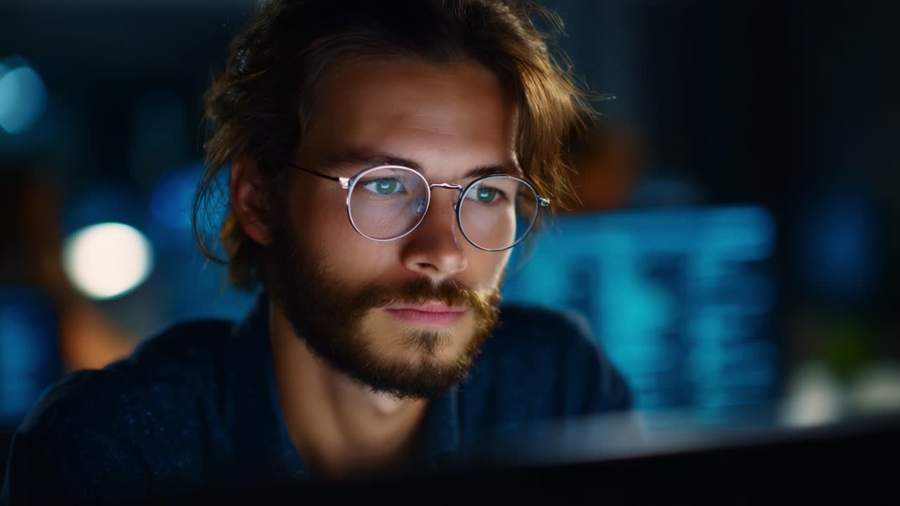 Focused Programmer Analyzing Code at Night, Surrounded by Monitors and Technology in a Dimly Lit Environment, Deep in Thought and Concentration