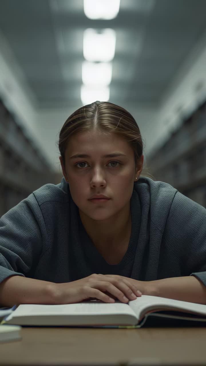Vertical video: Leaning student wearing sweater shifting as camera zooming studying book at library