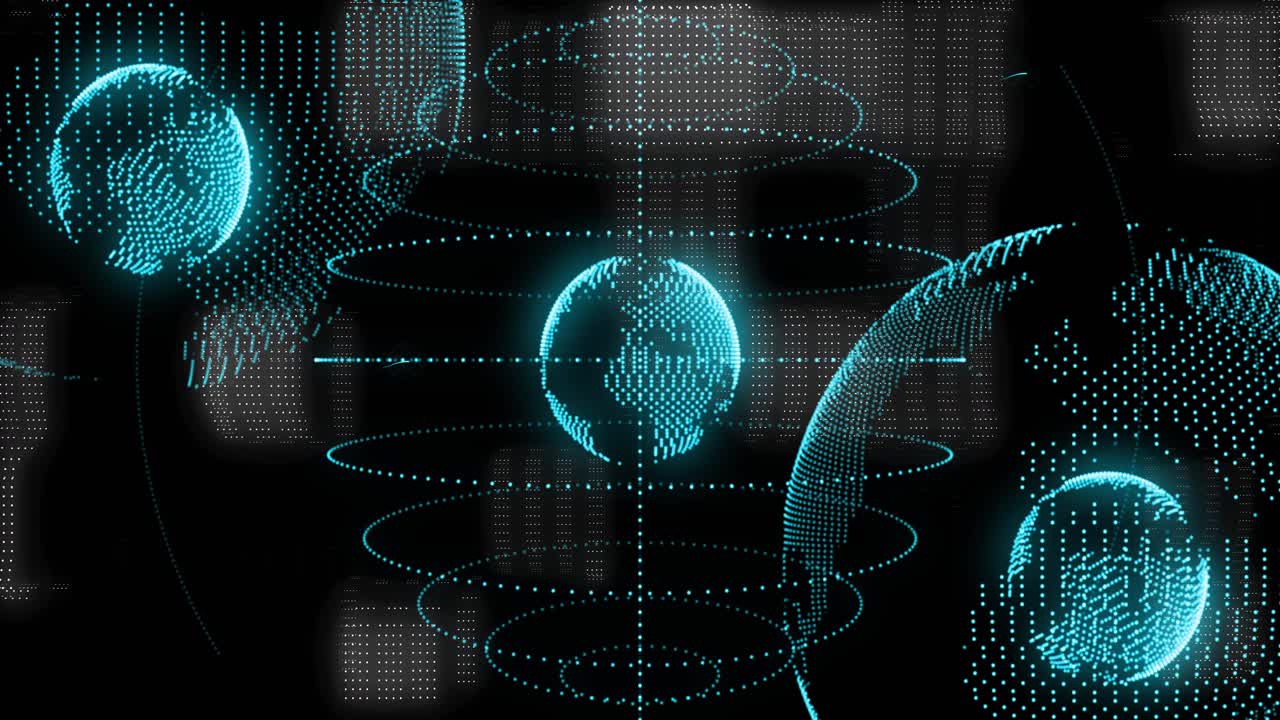 On opening central dotted globe rotating, rings pulsing, panels brightening, visualizing data flow