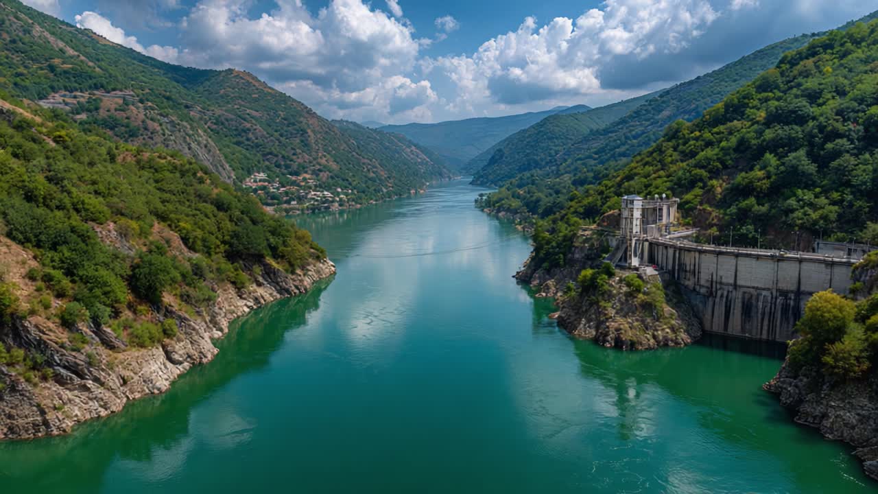 A Captivating View of a Serene River Surrounded by Lush Green Hills and a Hydro Power Dam, Showcasing Nature’s Beauty and Human Innovation Harmonized Together