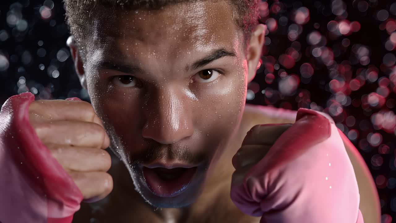 Intense Boxer Focused on Training, Showcasing Strength and Determination in a Dynamic, High-Energy Scene Enhanced by Mist and Dramatic Lighting Effects