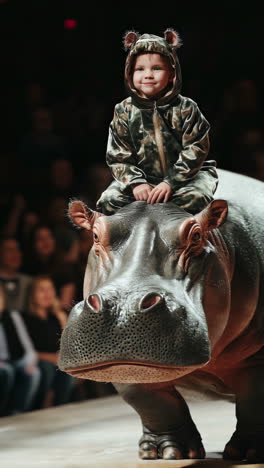 child riding on a hippo